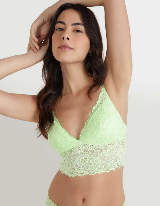 Show Off Eyelash Lace Padded Push Up Triangle Bralette - Green Beam, M 