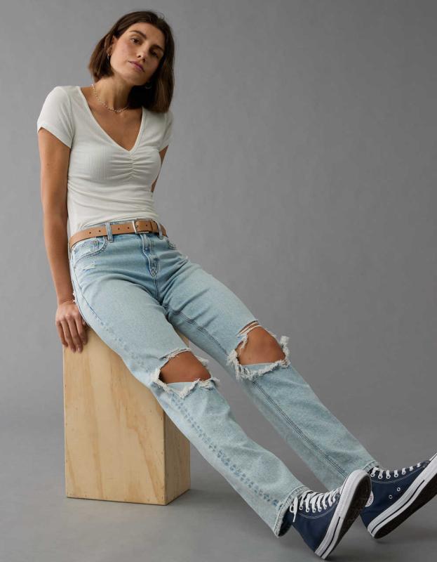 AE Soft & Sexy Cinch-Front T-Shirt - White, XXS 