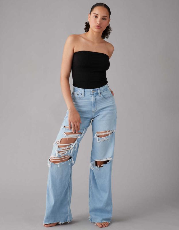 AE Dreamy Drape Stretch Curvy Super High-Waisted Ripped Baggy Wide-Leg Jean - Fresh Bright, 10 
