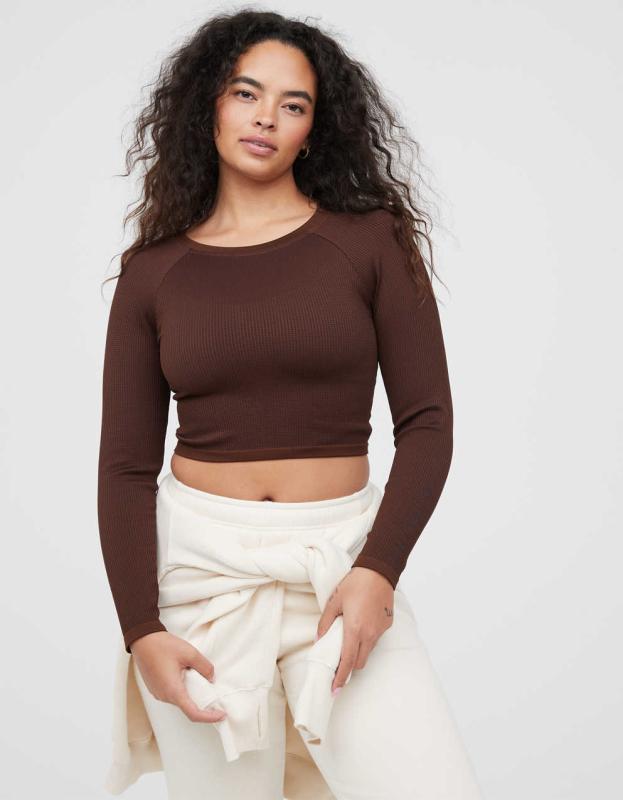 OFFLINE By Aerie Seamless Waffle Long Sleeve T-Shirt - Dark Maple, XXS 