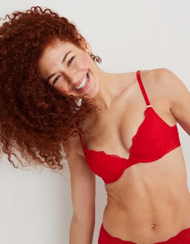 Aerie Real Power Plunge Push Up Slumber Party Lace Bra - Chilly Red, 70D 