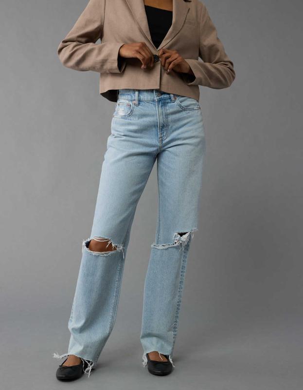 AE Strigid Ripped Super High-Waisted Baggy Straight Jean - Crushed Ice, 6 