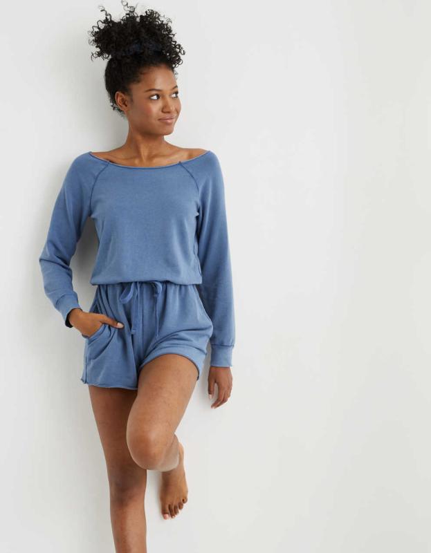 Aerie Fleece Long Sleeve Romper - Marbled Blue, XS 