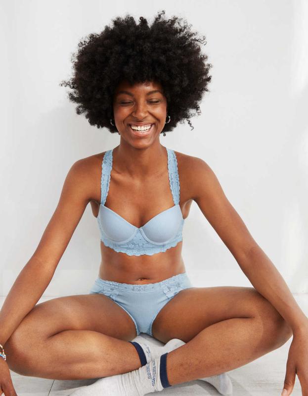 Aerie Real Happy Demi Lightly Lined Retro Lace Bra - Cloudy Blue, 70D 