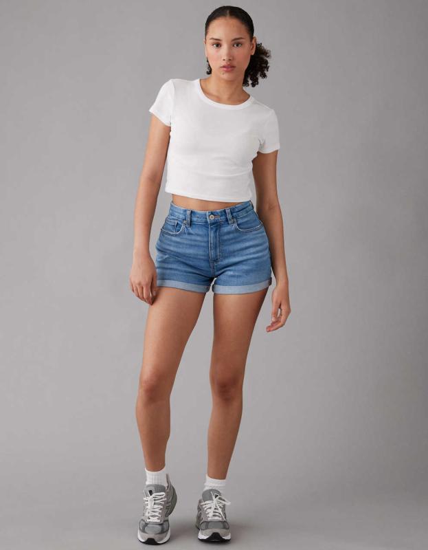 AE Stretch Curvy Denim Mom Short - Medium Tinted Indigo, 00 