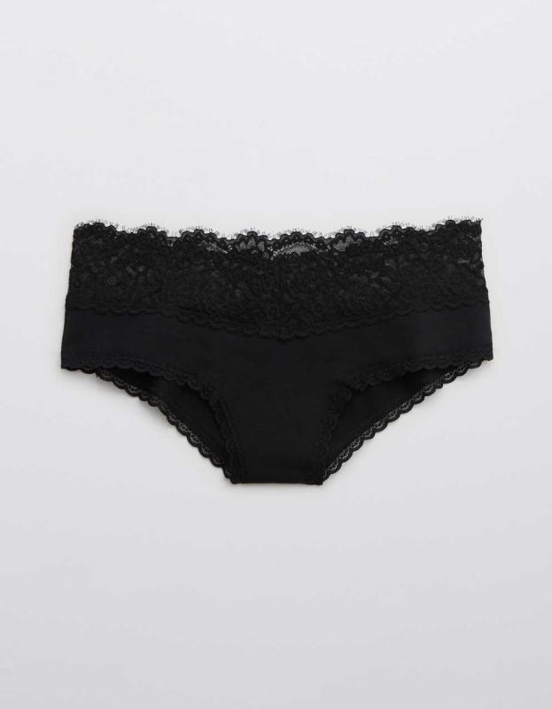 Aerie Cotton Eyelash Lace Cheeky Underwear - True Black, L 