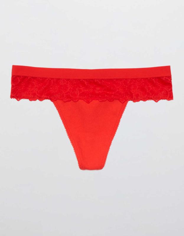 Aerie Snow Angel Lace Cotton Thong Underwear - Holiday Red, M 