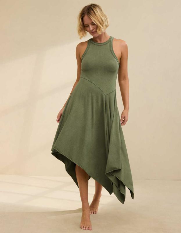 Aerie Tank Asymmetric Midi Dress - Olive Fun, XS 