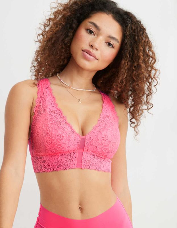 Show Off Eyelash Lace Padded Plunge Bralette - Coral Sun, XS 