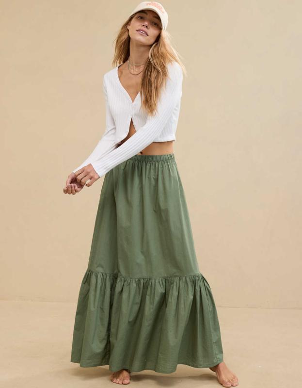 Aerie Poplin Tiered Maxi Skirt - Olive Fun, L 