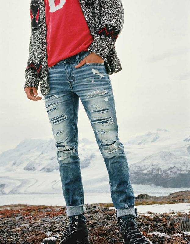 AE AirFlex 360 Patched Skinny Jean - Cloudy Sky Destroy, 28 X 30 