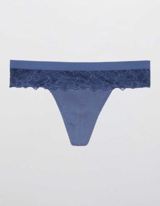 Aerie Snow Angel Lace Cotton Thong Underwear - Marbled Blue, XS 