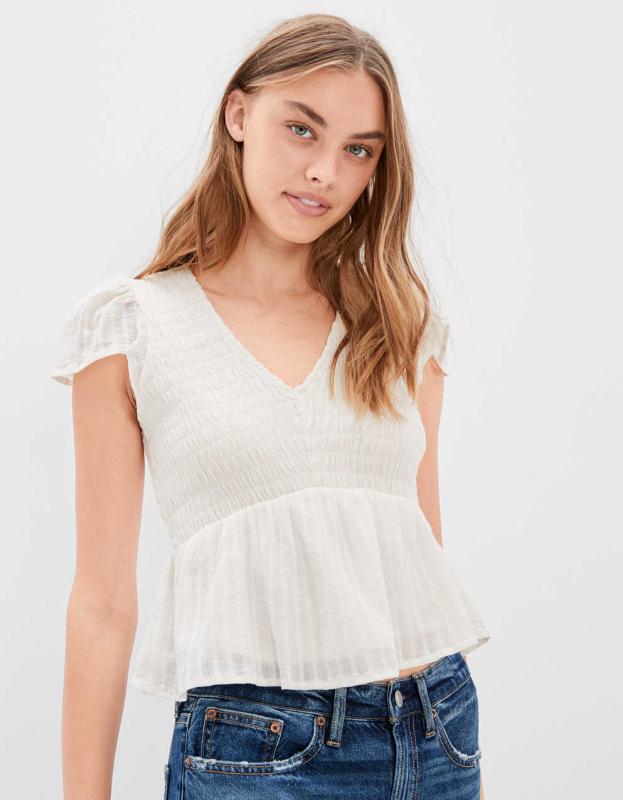 AE V-Neck Smocked Babydoll Blouse - Cream, XXS 