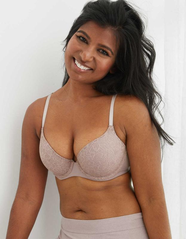 Aerie Real Sunnie Demi Push Up Blossom Lace Bra - Cocoa Cream, 70C 