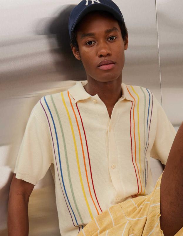 AE Pride Button-Up Sweater Polo Shirt - Multi, L 