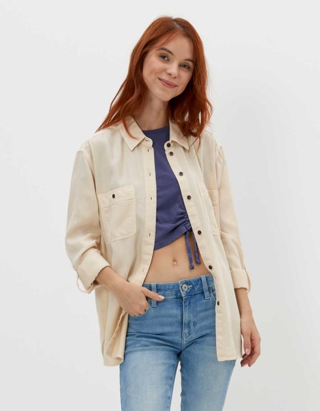 AE Bestie Long-Sleeve Button-Up Shirt - Cream, XXS 