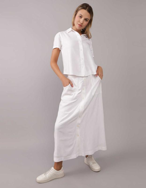 AE Short Sleeve Button Up Shirt - White, XS 