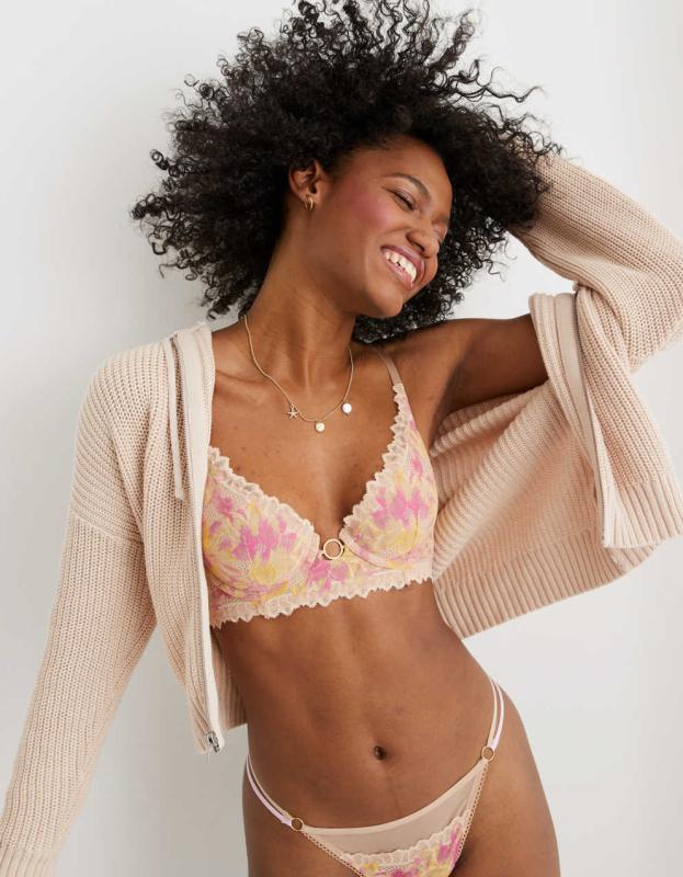 Aerie Real Power Plunge Push Up Sunkissed Lace Bra - Sands, 70D 