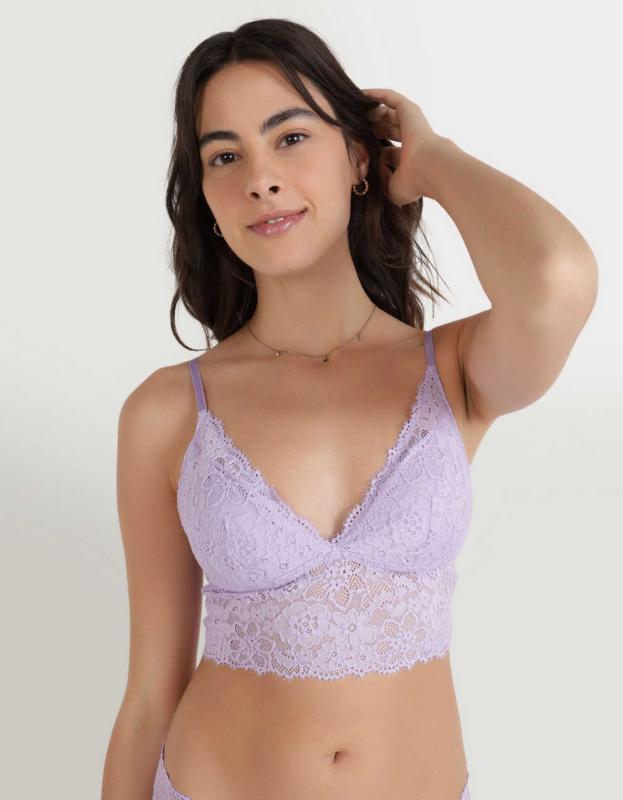 Show Off Eyelash Lace Padded Push Up Triangle Bralette - Purple Wash, XXS 