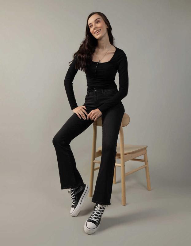 AE Long Sleeve Henley Bodysuit - Black, M 