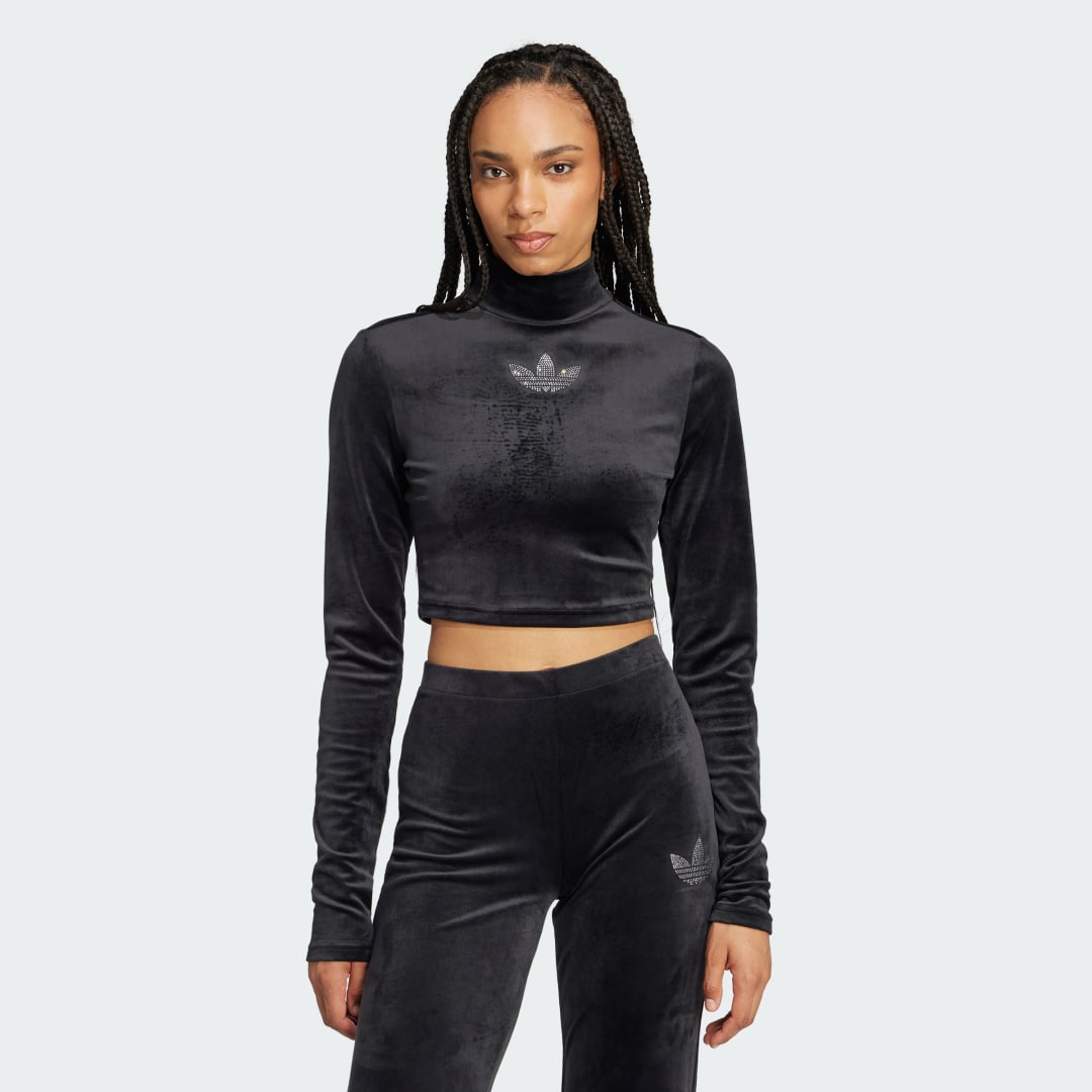 adidas Long Sleeve Rhinestone Trefoil Velvet Crop Top Lifestyle S Women Black