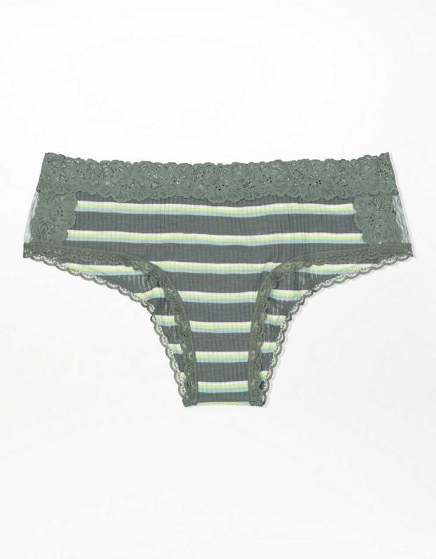 Aerie Ribbed Holiday Best Lace Cheeky Underwear - Royal Palm, L 