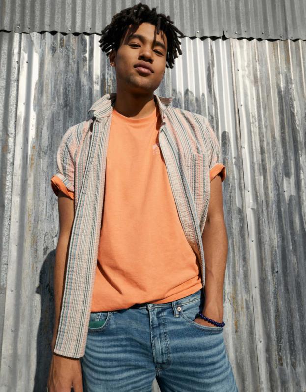 AE Striped Button-Up Resort Shirt - Dusty Sage, XXL 