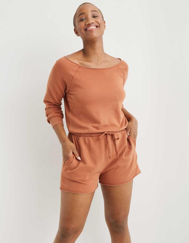 Aerie Fleece Long Sleeve Romper - Jupiter Brown, L 