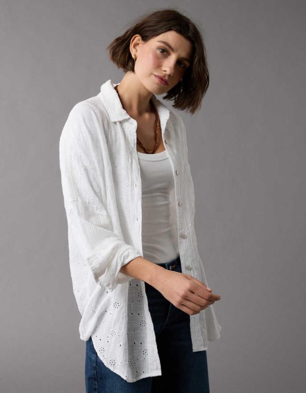 AE Eyelet Embroidered Go Big Shirt - White, XS 
