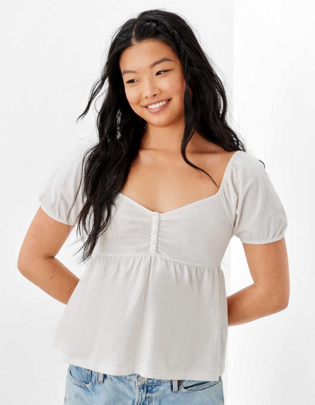 AE Puff-Sleeve Babydoll T-Shirt - Cream, M 