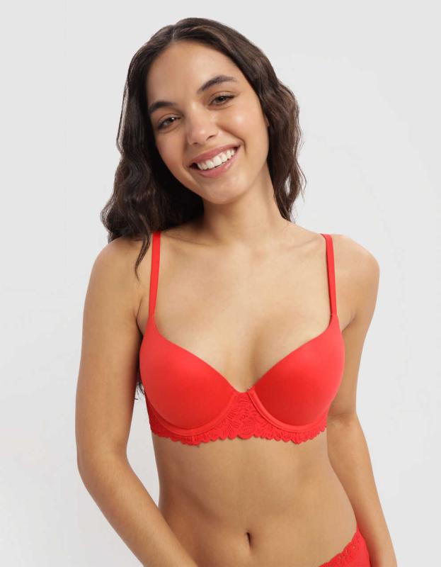 Sunnie Demi Push Up Blossom Lace Trim Bra - Holiday Red, 85B 