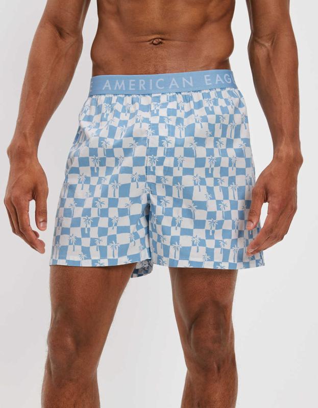 AEO Palm Checkered Stretch Boxer Short - Light Blue, L 