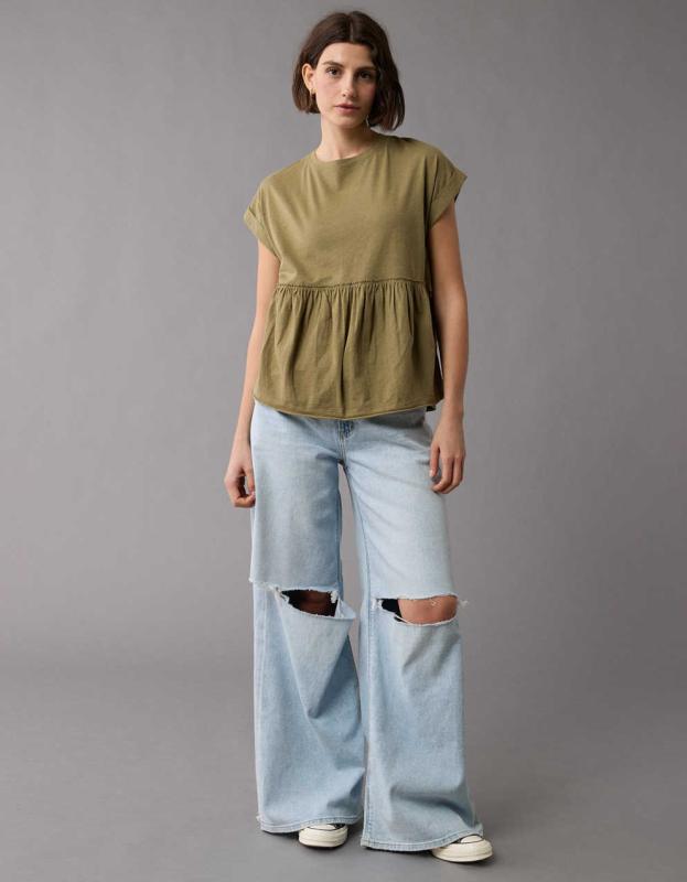 AE Oversized Tie Back T-Shirt - Olive, L 