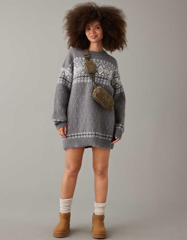AE Crewneck Holiday Sweater Dress - Grey, XXS 