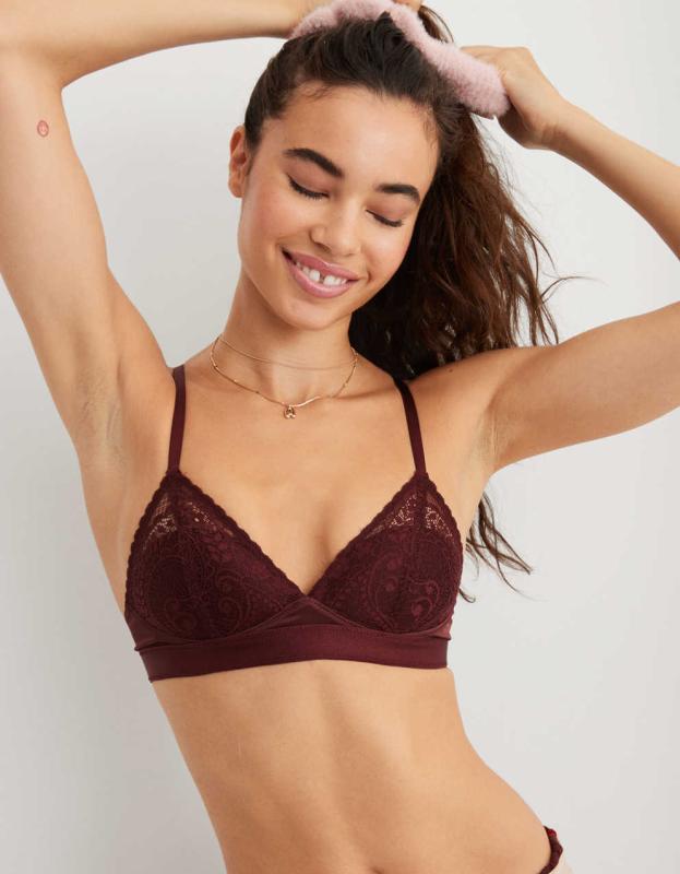 Aerie Real Power Wireless Push Up Paisley Lace Bra - Royal Berry, 80C 
