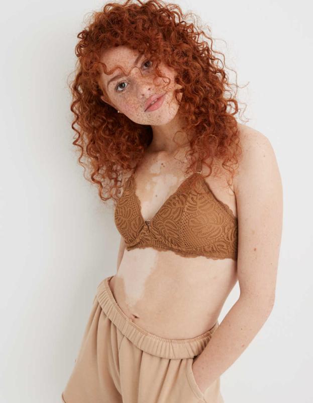 Aerie Real Power Wireless Push Up Be Free Lace Bra - Cedar Expedition, 75C 