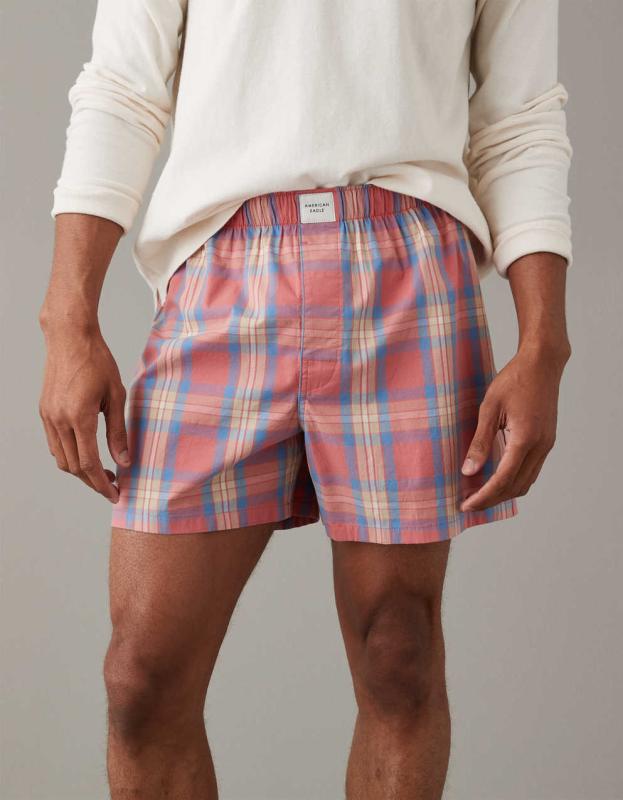 AEO Plaid Stretch Boxer Short - Coral, XS 
