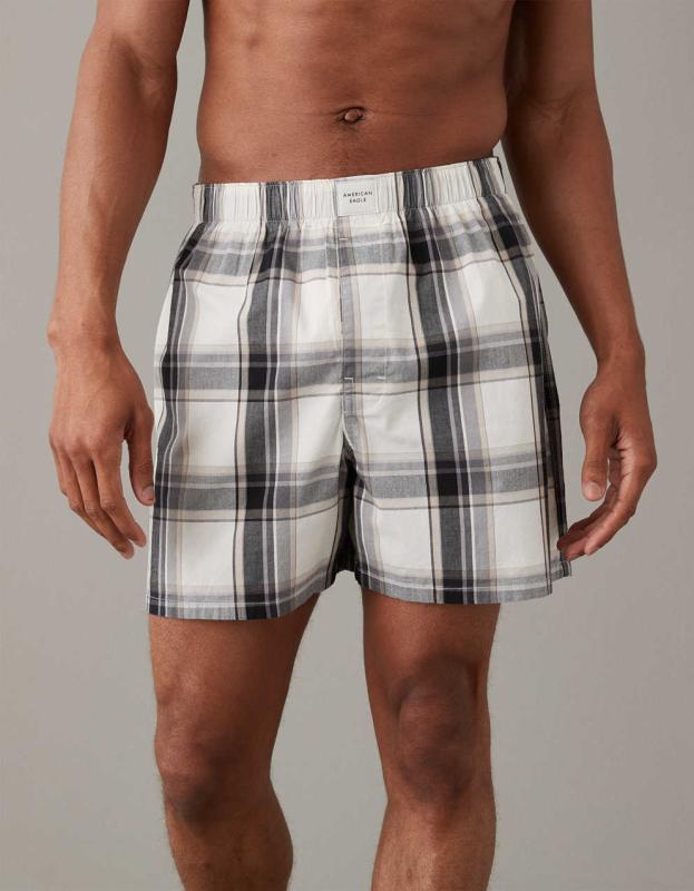 AEO Plaid Stretch Boxer Short - Gray, S 