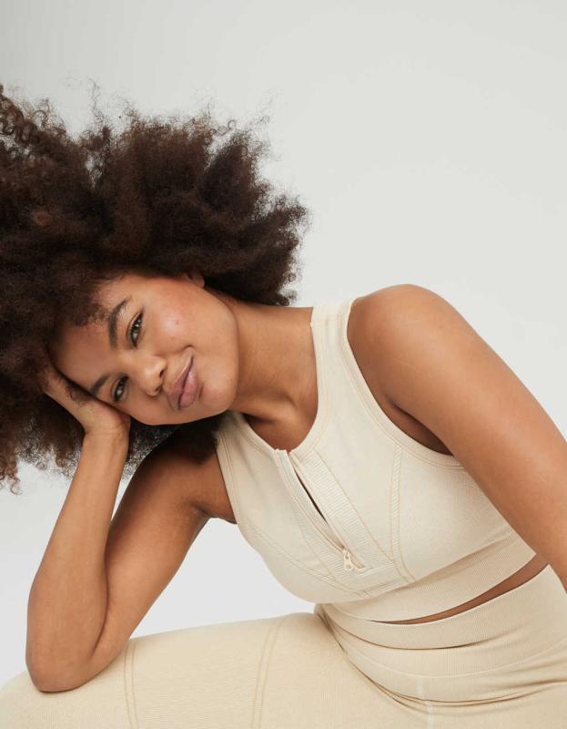 OFFLINE Seamless Zip Front Sports Bra - Soft Oat, S 