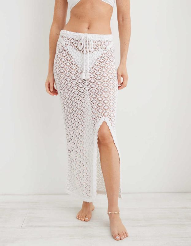 Aerie Crochet Midi Skirt - White, XS 
