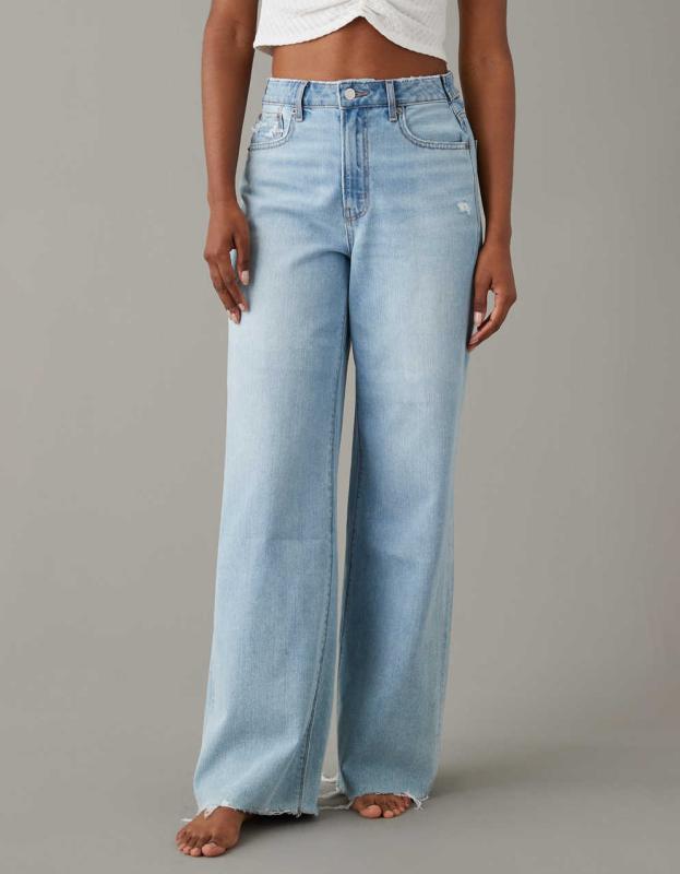 AE Super High-Waisted Ripped Baggy Wide-Leg Jean - Iced Light Indigo, 6 