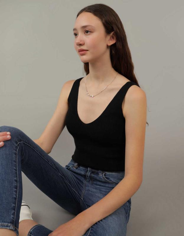 AE Ribbed Sweater Tank Top - Black, M 