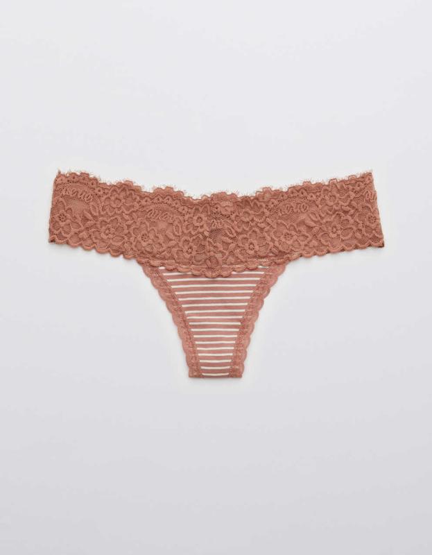 Aerie Cotton Eyelash Lace Striped Thong Underwear - Meadow Bound, L 