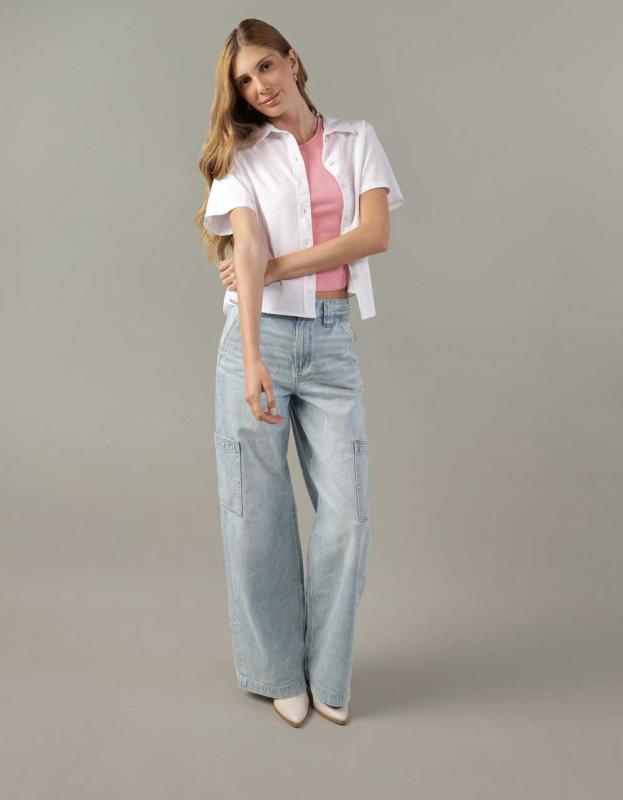 AE Short Sleeve Button Up Shirt - White, S 