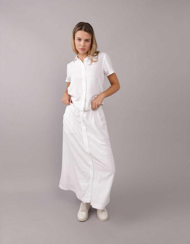 AE Button Front Midi Skirt - White, M 