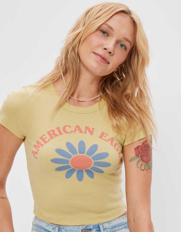 AE Cropped Hey Baby Tee - Bright Green, M 