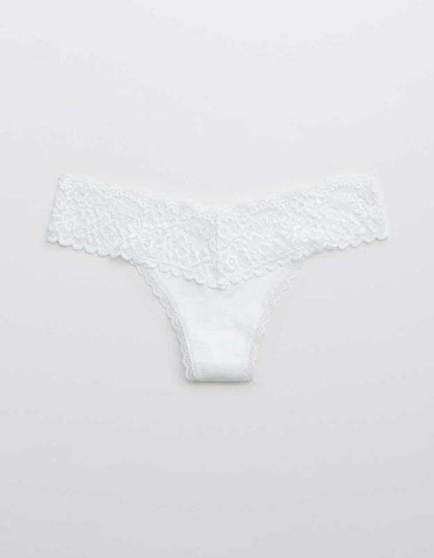 Aerie Cotton Eyelash Lace Thong Underwear - White, M 