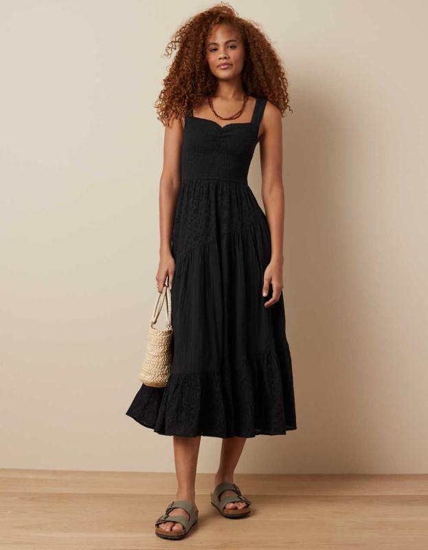 AE Asymmetrical Tiered Midi Dress - Black, XXS 