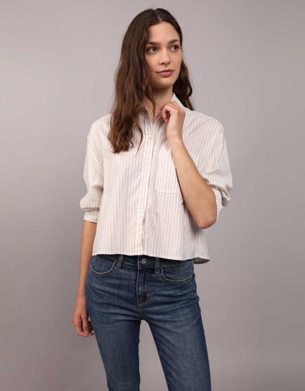 AE Long-Sleeve Crop Prep Shirt - Tan, L 