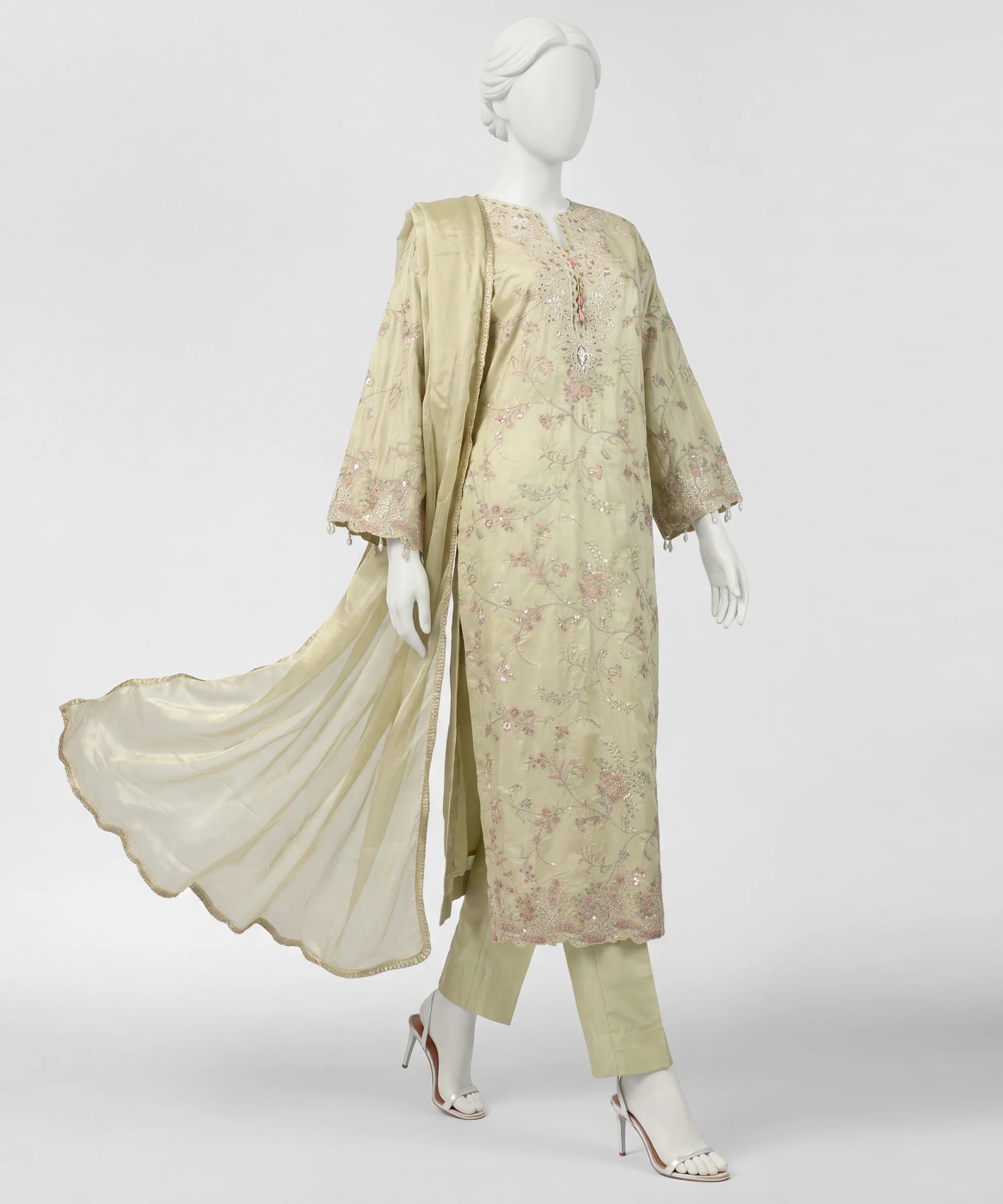 AP-lime green embroidered raw silk stitched 3pc